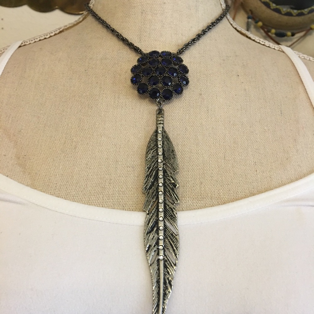 Repurposed blue stone medallion feather necklace